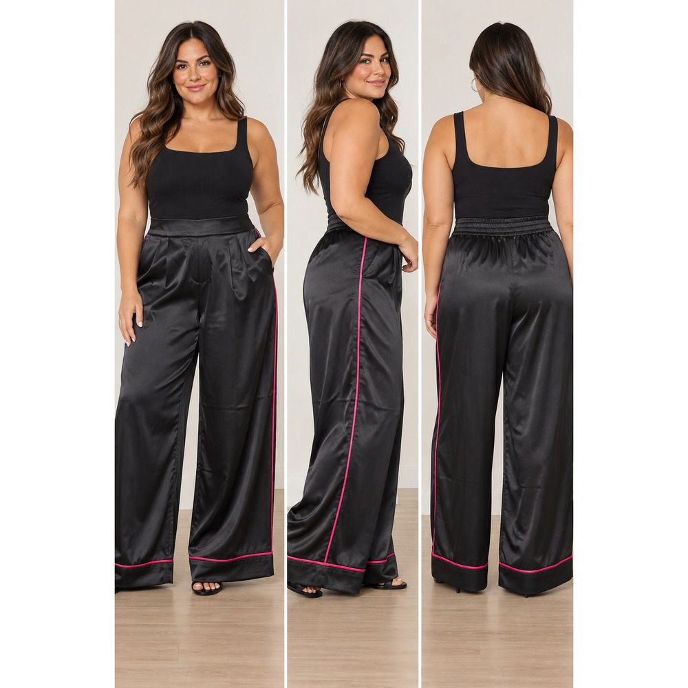 Torrid 0 Regular Wide Leg Streaky Satin Pants Black Pink Piping High Rise NWT